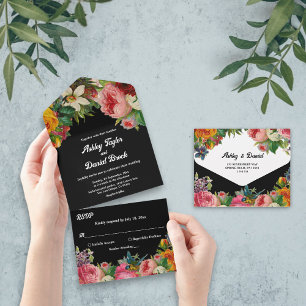 Elegant Botanical Garden Boho Black Floral Wedding All In One Uitnodiging