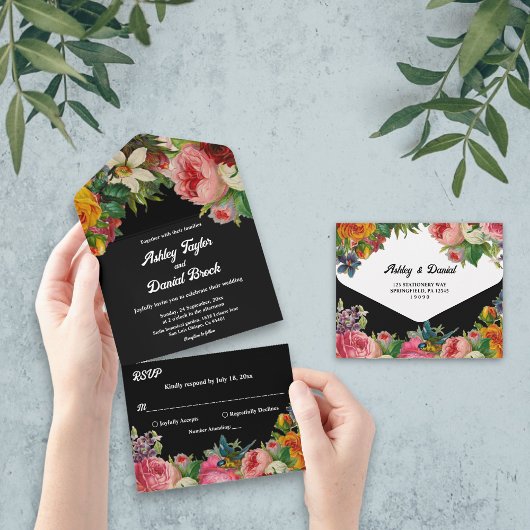 Elegant Botanical Garden Boho Black Floral Wedding All In One Uitnodiging
