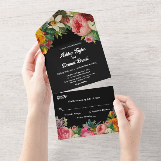 Elegant Botanical Garden Boho Black Floral Wedding All In One Uitnodiging (Afscheurbaar)