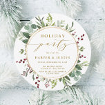 Elegant Botanical Gold Holiday Party Cirkel Kaart<br><div class="desc">Deze kerst | Vakantiecircuit met opgerapte waterverf eucalyptus,  groene bladeren,  rode bessen,  pijnboomtakken en een faux goudcirkels met stijlvolle kalligrafie | Voor meer geavanceerde aanpassingen van dit ontwerp,  gelieve te klikken "aanpassen verder"verbinding. Overeenkomende objecten zijn ook beschikbaar.</div>