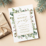 Elegant Botanical Gold Holiday Party Flat Kaart<br><div class="desc">Deze kerst | Vakantiegenheden zijn geschilderd waterverf eucalyptus,  groene bladeren,  rode bessen,  dennentakken en een faux goudrechthoek lijst met stijlvolle kalligrafie. Voor meer geavanceerde aanpassingen van dit ontwerp,  gelieve te klikken "aanpassen verder"verbinding. Overeenkomende objecten zijn ook beschikbaar.</div>