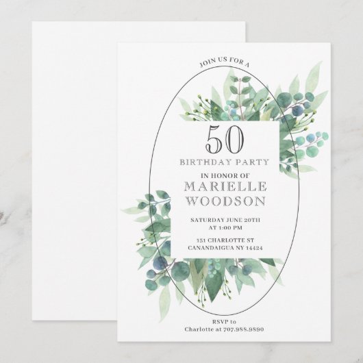 Elegant Botanical Greenery 50th Birthday Kaart (Voorkant / Achterkant)