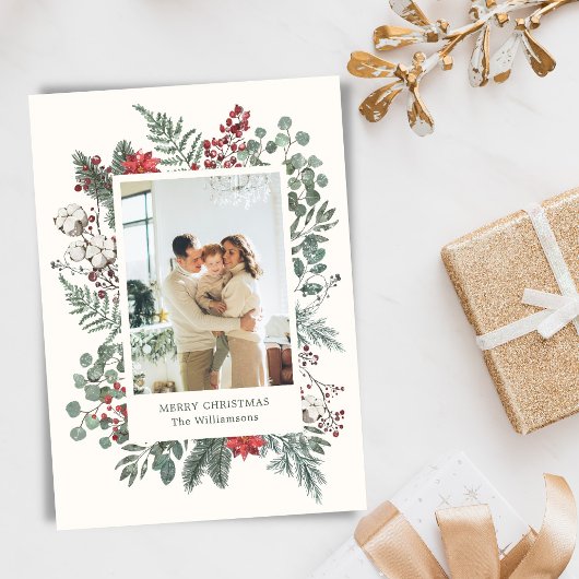 Elegant Botanical Greenery Christmas Photo Feestdagenkaart