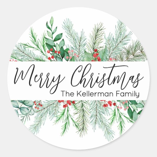 Elegant Botanical Greenery Christmas Ronde Sticker (Voorkant)