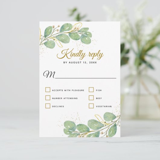 Elegant Botanical Greenery Eucalyptus Wedding RSVP Kaartje (Staand voorkant)