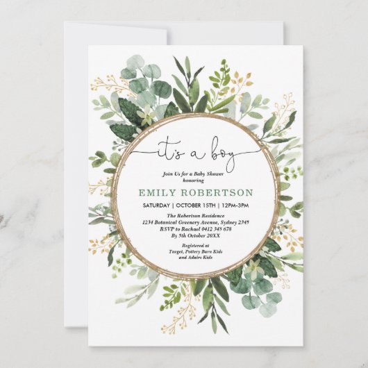 Elegant Botanical Greenery Gold Boy Baby shower Kaart (Voorkant)