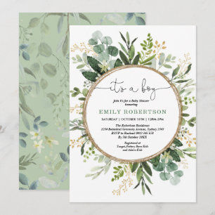 Elegant Botanical Greenery Gold Boy Baby shower Kaart