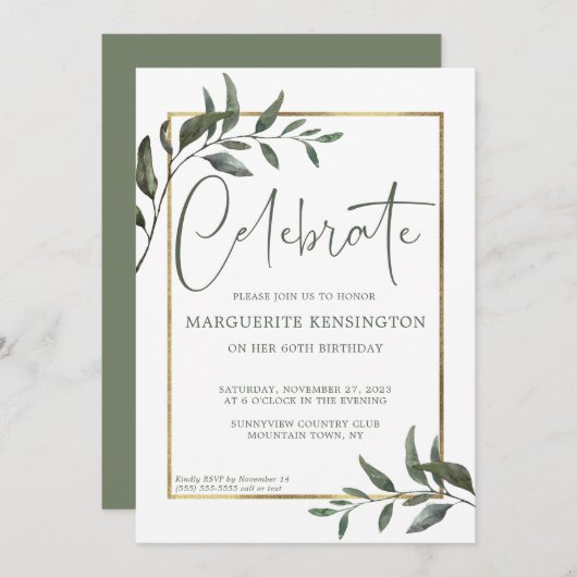 Elegant Botanical Greenery Gold Foil 60th Birthday Kaart (Voorkant / Achterkant)