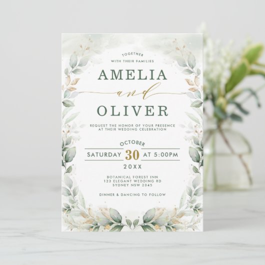 Elegant Botanical Greenery Gold Garden Wedding Kaart (Staand voorkant)