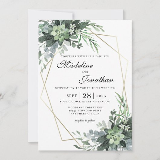 Elegant Botanical Greenery Gold Geometric Wedding Kaart (Voorkant)