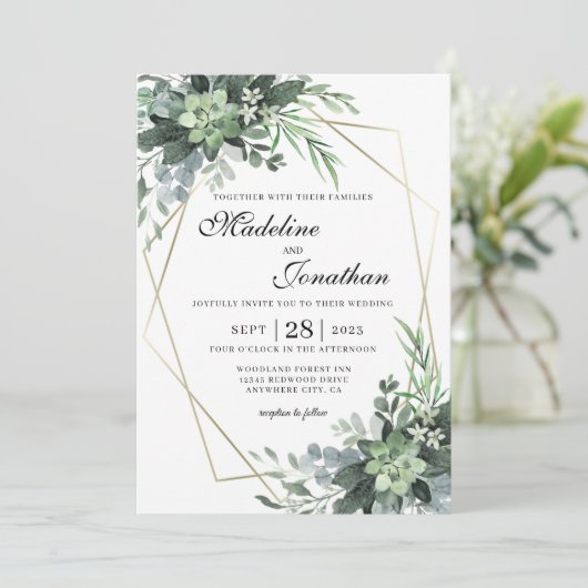Elegant Botanical Greenery Gold Geometric Wedding Kaart (Staand voorkant)