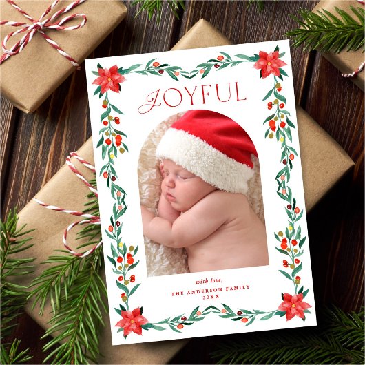 Elegant Botanical Greenery Poinsettia Frame Photo Feestdagenkaart