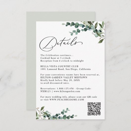 Elegant Botanical Greenery QR Code Wedding Details Informatiekaartje (Voorkant / Achterkant)