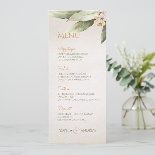 Elegant botanical greenery  rustige bruiloft menu (Staand voorkant)