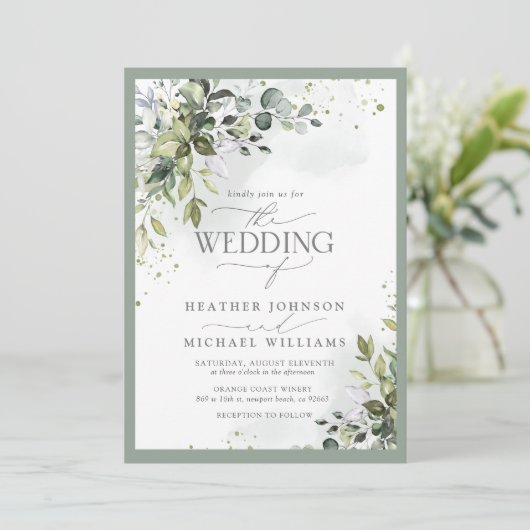 Elegant Botanical Greenery Waterverf Wedding Kaart (Staand voorkant)