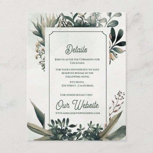 Elegant Botanical Greenery Wedding Details Informatiekaartje (Voorkant)