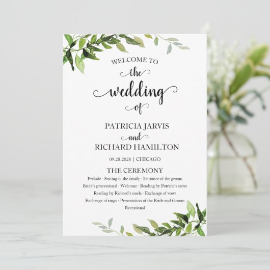 Elegant Botanical Greenery Wedding Programme Programmakaart (Staand voorkant)