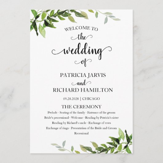 Elegant Botanical Greenery Wedding Programme Programmakaart (Voorkant)