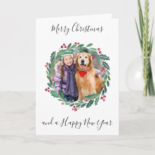 Elegant Botanical Greenery Wreate kerstfoto Feestdagen Kaart (Voorkant)