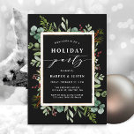 Elegant Botanical Holiday Party Black Kaart<br><div class="desc">Deze kerst | Vakantiegenheden zijn geschilderd waterverf eucalyptus,  groene bladeren,  rode bessen,  dennentakken en een faux goudrechthoek lijst met stijlvolle kalligrafie. Voor meer geavanceerde aanpassingen van dit ontwerp,  gelieve te klikken "aanpassen verder"verbinding. Overeenkomende objecten zijn ook beschikbaar.</div>