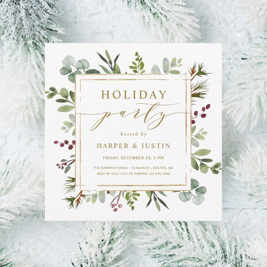 Elegant Botanical Holiday Party Gold Square Kaart