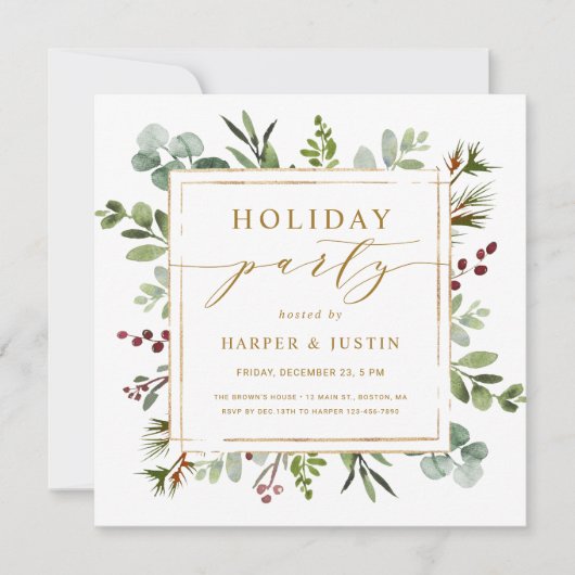 Elegant Botanical Holiday Party Gold Square Kaart (Voorkant)