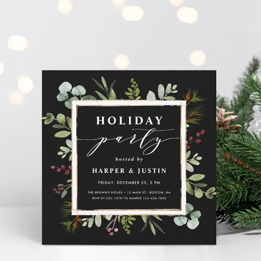 Elegant Botanical Holiday Party Square Black Kaart