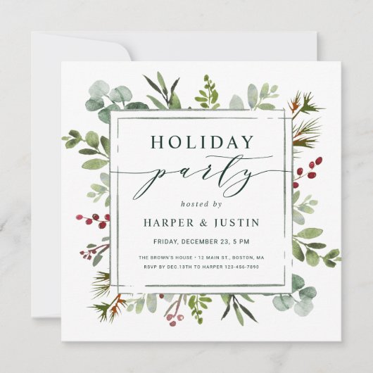 Elegant Botanical Holiday Party Square Green Kaart (Voorkant)