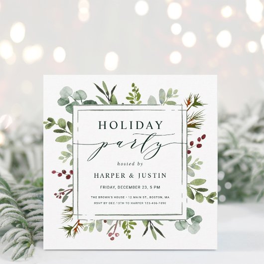 Elegant Botanical Holiday Party Square Green Kaart