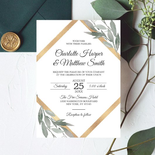 Elegant Botanical Leaf Branch Gold Foil Wedding Kaart