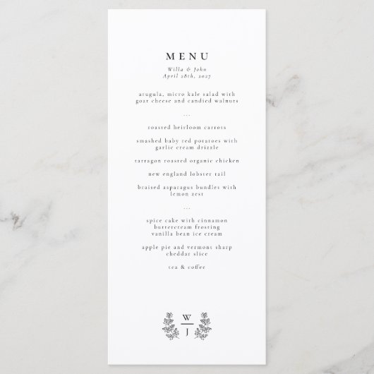 Elegant Botanical Leaf Monogram Initiaal Weddensch Menu (Voorkant)