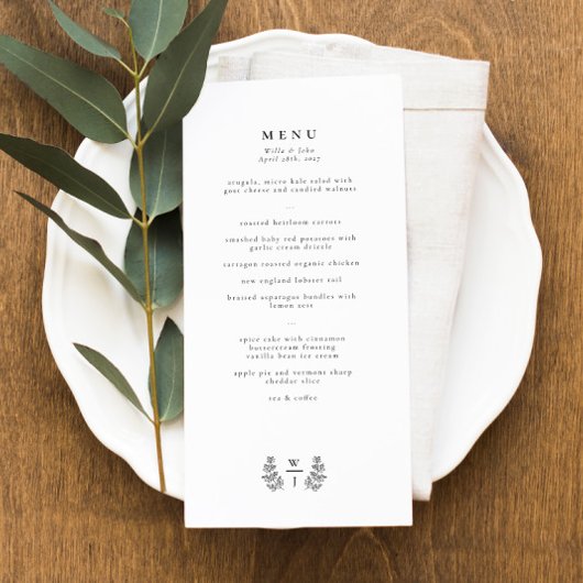 Elegant Botanical Leaf Monogram Initiaal Weddensch Menu
