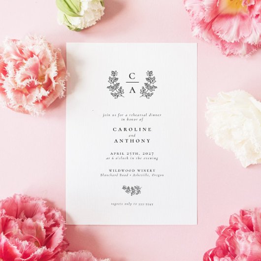 Elegant Botanical Leaf Monogram Rehearsal Dinner Kaart