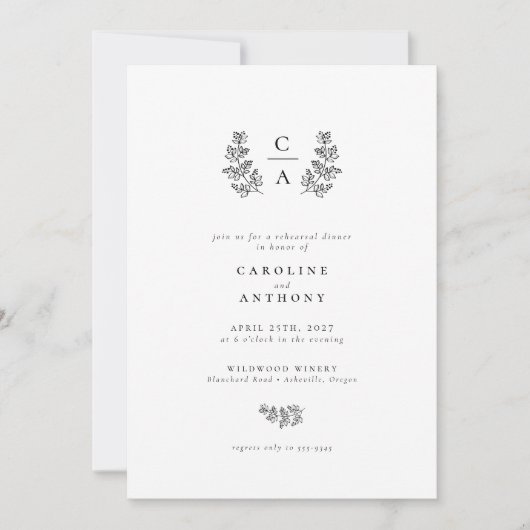 Elegant Botanical Leaf Monogram Rehearsal Dinner Kaart (Voorkant)