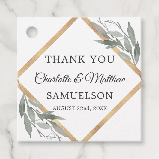 Elegant Botanical Leaves Gold Weddenschap DANK JE Bedankjes Labels (Voorkant)