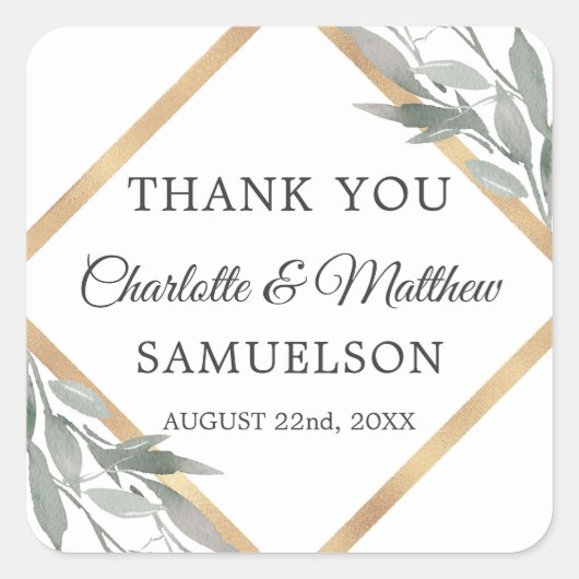 Elegant Botanical Leaves Gold Weddenschap DANK JE Vierkante Sticker (Voorkant)