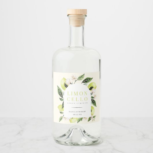 Elegant Botanical Lemons Lijst Limoncello Likeurfles Etiket (Voorkant)