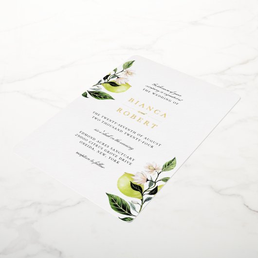 Elegant Botanical Lemons Wedding Folie Uitnodiging (Gedraaid)