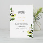 Elegant Botanical Lemons Wedding Folie Uitnodiging (Staand Voorkant)