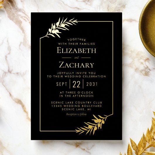 Elegant Botanical Lijst Gold Black Wedding Folie Uitnodiging