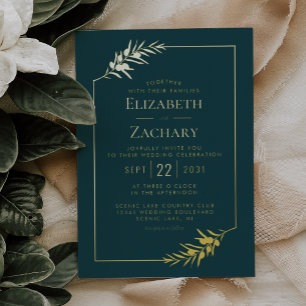 Elegant Botanical Lijst Gold Emerald Green Wedding Folie Uitnodiging