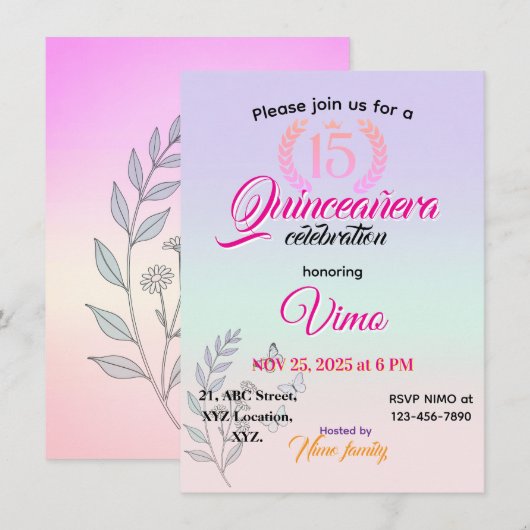 Elegant Botanical Line Art Quinceañera Invitation Kaart (Voorkant / Achterkant)
