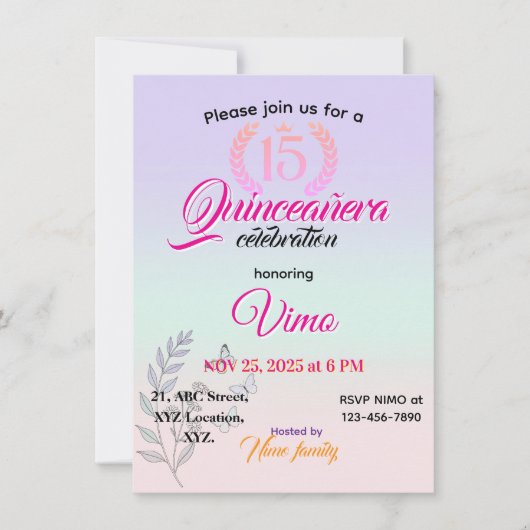 Elegant Botanical Line Art Quinceañera Invitation  Kaart (Voorkant)