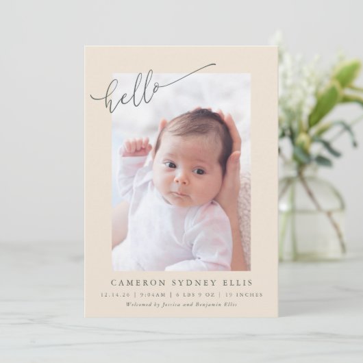 Elegant Botanical Minimalist Hello Photo Birth Aankondiging (Staand voorkant)