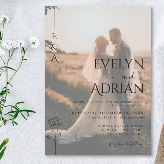 Elegant Botanical Modern Minimalist Photo Wedding Kaart