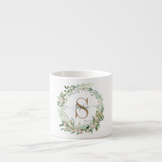 Elegant Botanical Monogram Espresso Mug with Name Espresso Kop (Voorkant)