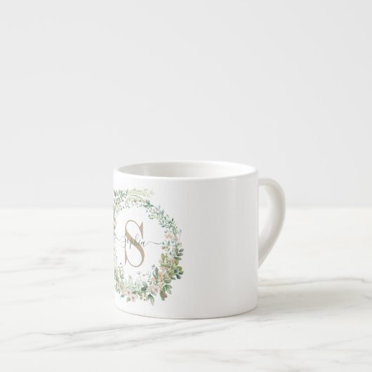 Elegant Botanical Monogram Espresso Mug with Name Espresso Kop (Voorkant rechts)