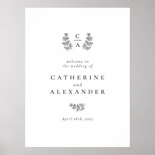 Elegant Botanical Monogram Initiaal Weddenschap Poster (Voorkant)