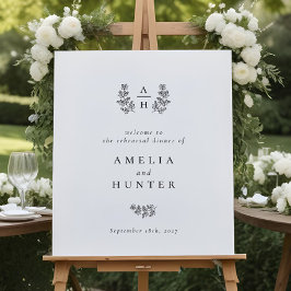 Elegant Botanical Monogram Rehearings Dinner Sign Poster