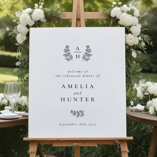 Elegant Botanical Monogram Rehearings Dinner Sign Poster